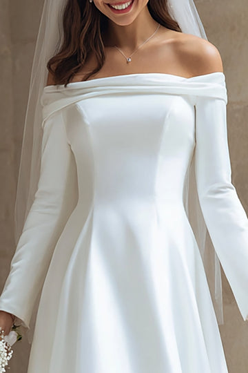Satin ivoire Une ligne dénudée Robe de mariée midi à manches